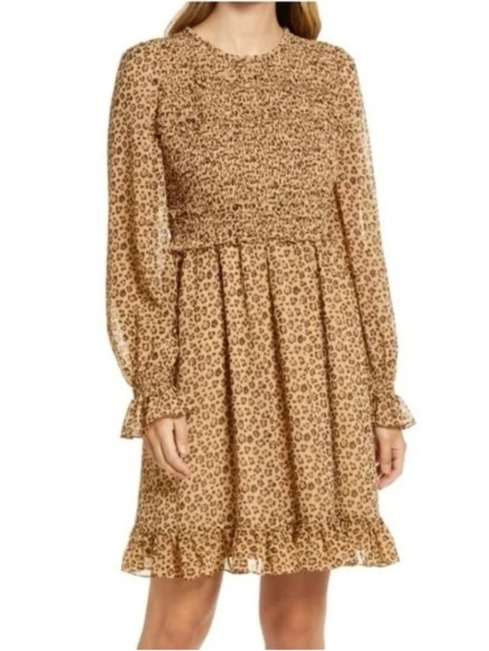 Rachel Parcell Cheetah- Print Long-Sleeve Smocked Ruffle Dress - Size L